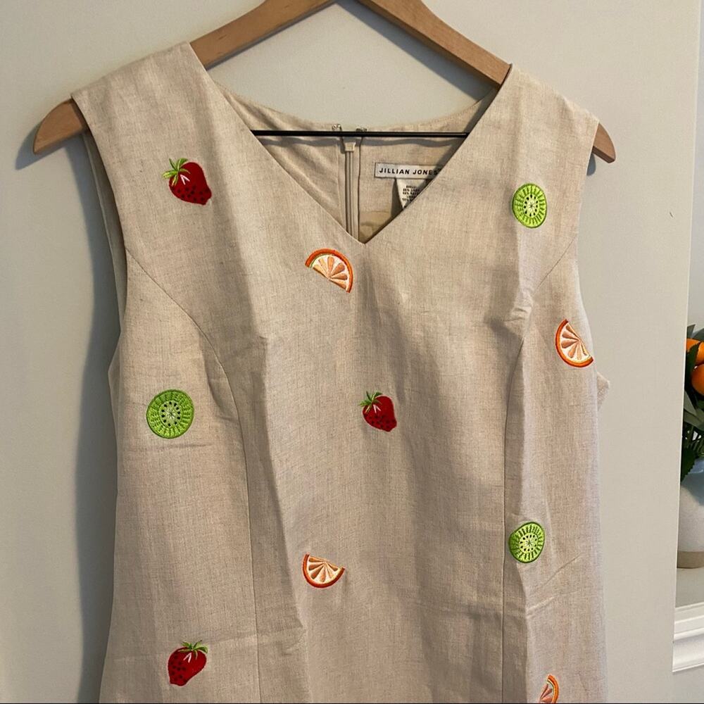 Vintage Jillian Jones Tan Neutral Fruit Embroidered Mini Dress 14 - Picture 15 of 16
